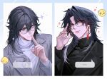  2boys absurdres ahoge alternate_costume ashveil_(honkai:_star_rail) black_hair blade_(honkai:_star_rail) blue_hair border bright_pupils closed_mouth commentary curtained_hair doodle_inset dxrincess earrings english_text finger_to_mouth glasses gradient_hair grey_eyes hair_between_eyes highres honkai:_star_rail honkai_(series) jacket jewelry lapels long_hair looking_at_viewer male_focus mortenax_blade_(honkai:_star_rail) multicolored_hair multiple_boys one_eye_closed open_clothes open_jacket orange_eyes shushing speech_bubble tassel turtleneck untranslatable_commentary upper_body 