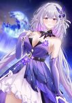  1girl absurdres bare_shoulders blush breasts bridal_gauntlets broken_moon butterfly_hair_ornament castorice_(gossamer_flutter)_(honkai:_star_rail) castorice_(honkai:_star_rail) cleavage commentary dress hair_ornament highres honkai:_star_rail honkai_(series) large_breasts long_hair looking_at_viewer moon official_alternate_costume pointy_ears purple_dress purple_eyes purple_hair smile solo tempe_san very_long_hair 