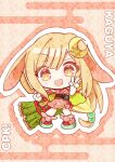  1girl :d animal_ears blonde_hair chibi cho_kaguya-hime! commentary_request crescent crescent_hair_ornament fang hair_ornament japanese_clothes kaguya_(cho_kaguya-hime!) kimono long_hair looking_at_viewer lop_rabbit_ears open_mouth outline rabbit_ears red_kimono red_shoes shoes skin_fang smile solo take_tonbo v white_outline 