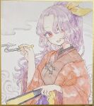  1girl breasts brown_kimono commentary_request folded_fan folding_fan hair_ribbon hand_fan highres holding holding_fan holding_smoking_pipe japanese_clothes kimono kiseru komakusa_sannyo long_hair long_sleeves looking_at_viewer mozukuzu_(manukedori) open_mouth ponytail purple_hair purple_skirt red_eyes red_robe ribbon robe shikishi skirt small_breasts smile smoke smoking_pipe solo touhou traditional_media wide_sleeves yellow_ribbon 