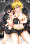  black_hair blonde_hair blue_eyes boxing boxing_gloves boxing_shorts breasts copyright_request large_breasts long_hair multiple_girls nipples nonoririn one_eye_closed shorts topless 