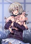  1girl :d absurdres animal black_jacket blush brown_eyes clip_studio_paint commentary cowboy_shot eudetenis grey_hair highres holding holding_animal hood jacket long_hair long_sleeves looking_at_viewer open_mouth original pig pleated_skirt skirt smile solo watch white_skirt wristwatch 