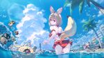  1girl ahoge alternate_costume alternate_hair_length_(shorter) alternate_hairstyle animal_ear_fluff animal_ears ass back beach beach_umbrella bikini bird black_hair blue_hair blue_sky bracelet chair city closed_mouth cloud cloudy_sky commentary cowboy_shot double-parted_bangs fox_ears fox_girl fox_tail frilled_arm_strap frilled_bikini frills from_behind hair_between_eyes heart heart_tattoo hololive jewelry leg_tattoo lens_flare light_smile lighthouse looking_at_viewer looking_back lounge_chair momososeji multicolored_hair ocean omaru_polka outdoors palm_tree pink_hair purple_eyes rainbow_bracelet red_bikini seagull short_hair sky solo standing streaked_hair swimsuit tail tattoo tree umbrella virtual_youtuber wading water_drop waves zain_(omaru_polka) 