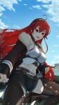  1girl :d ahoge belt black_hairband black_jacket blue_sky breasts brown_belt brown_shorts chaps cloud commentary crop_top cropped_shirt crossed_bangs day eris_greyrat eris_greyrat_(adult) fur-trimmed_jacket fur_trim hair_between_eyes hairband hamii1317 hand_on_hilt hand_wraps highres jacket large_breasts long_hair long_sleeves looking_at_viewer midriff mushoku_tensei navel off_shoulder open_clothes open_jacket open_mouth outdoors reaching reaching_towards_viewer red_eyes red_hair sheath sheathed shirt short_shorts shorts sidelocks single_bare_shoulder skindentation sky sleeveless sleeveless_shirt smile solo standing sword thick_eyebrows underbust very_long_hair weapon white_shirt 