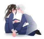  2girls black_socks blue_dress blue_eyes blush bosg_12_2 brown_hair closed_mouth commentary_request dress grey_hair haikei_arishi_hi_ni_saku_hanatachi_e hand_blush highres holding_hands interlocked_fingers multiple_girls ooe_haruyo parted_lips pink_eyes sailor_collar sailor_dress sakuragawa_kasumi_(haikei_arishi_hi_ni_saku_hanatachi_e) short_hair simple_background smile socks sweat twintails white_background white_sailor_collar yuri 