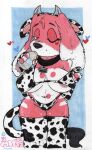 absurd_res animal_print animal_print_bikini animal_print_thigh_highs anthro beagle big_breasts bikini blue_background breasts canid canine canis clothing collar container costume cow_print cow_print_bikini cow_print_thigh_highs cowbell cup domestic_dog drinking_glass drinking_milk fake_horns female fur glass glass_container glass_cup hi_res hunting_dog legwear looking_at_viewer mammal milk mootsncompany one_eye_closed pattern_bikini pattern_clothing pattern_legwear pattern_swimwear pattern_thigh_highs pink_body pink_fur purple_eyes rose_(mootsncompany) scent_hound simple_background sketch solo swimwear thigh_highs traditional_media_(artwork) two-piece_swimsuit wink winking_at_viewer