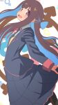  1girl bambi2000line blazer bow bow-shaped_hair bowtie brown_hair brown_shoes collared_shirt colored_inner_hair floating highres hime_cut hozuki_momiji jacket jumping long_hair long_skirt looking_at_viewer male-female_symbol mars_symbol multicolored_hair onii-chan_wa_oshimai! open_mouth pink_eyes pink_pupils red_bow red_bowtie school_uniform shirt shoes skirt smile solo sweater_vest venus_symbol very_long_hair white_shirt yellow_sweater_vest yotsuba_university_affiliated_junior_high_school_uniform 