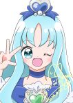  1girl absurdres anime_coloring blue_bow blue_bowtie blue_choker blue_eyes blue_hair blue_ribbon bow bowtie brooch choker commentary_request cure_marine dot_nose eyes_visible_through_hair frilled_sleeves frills gem green_gem hair_bobbles hair_ornament hair_ribbon happy heart heart_brooch heart_hair_ornament heartcatch_precure! highres jewelry kurumi_erika light_blush long_hair long_sidelocks looking_at_viewer magical_girl nyanyami_saku one_eye_closed open_mouth precure puffy_short_sleeves puffy_sleeves ribbon shirt short_sleeves sidelocks signature simple_background smile solo square_neckline straight-on tareme upper_body very_long_hair wavy_hair white_background white_shirt white_wrist_cuffs wrist_cuffs 
