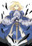  ahoge armor armored_dress artoria_pendragon_(all) bad_id bad_pixiv_id blonde_hair caliburn dress fate/zero fate_(series) gauntlets green_eyes hair_down hands_on_hilt saber short_hair solo sword weapon wenwen_e 