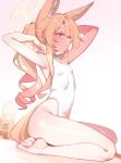  1girl absurdres animal_ears bare_arms barefoot blonde_hair blue_archive blush closed_mouth extra_ears feet fox_ears fox_girl fox_tail from_side full_body gen_(unzzenasd) halo highres long_hair looking_at_viewer one-piece_swimsuit pink_eyes seia_(blue_archive) seia_(swimsuit)_(blue_archive) sitting smile solo swimsuit tail toes white_one-piece_swimsuit yellow_halo 