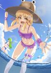  2girls alternate_costume bikini blonde_hair blue_bikini blue_sky breasts brown_hat cloud commentary_request day fisheye flower frog_hair_ornament green_eyes green_hair hair_flower hair_ornament hair_ribbon hair_tubes hand_on_headwear hat highres kochiya_sanae large_breasts leaning_forward long_hair looking_at_viewer moriya_suwako multiple_girls navel open_mouth outdoors purple_bikini purple_wrist_cuffs red_ribbon ribbon single_hair_tube sky smile snake_hair_ornament solo_focus stomach swimsuit thigh_strap touhou tress_ribbon veow wading water water_drop wrist_cuffs yellow_eyes 