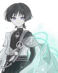  1boy anemo_symbol_(genshin_impact) arms_at_sides belt bird blunt_ends bodysuit bow bridal_gauntlets bright_pupils closed_mouth commentary_request eyeliner feathers furisode gem genshin_impact greyscale highres japanese_clothes juban kimono layered_sleeves looking_at_viewer makeup male_focus mandarin_collar monochrome open_clothes open_kimono pom_pom_(clothes) purple_eyes red_eyeliner rope ryun_h scaramouche_(genshin_impact) short_sleeves shorts shoulder_peek side_cape solo split_mouth spot_color tassel tsurime upper_body vision_(genshin_impact) wanderer_(genshin_impact) white_pupils wind wispy_bangs 