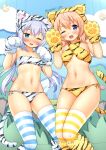  2022 2girls :d ;d animal_costume animal_ears animal_hands animal_hood animal_print bandeau bikini blue_eyes blue_hair blush breasts cat_ears cedar_(cedar_japonica) chinese_zodiac cloud commentary cosplay criss-cross_halter fake_animal_ears fake_tail fang fur_trim gloves gochuumon_wa_usagi_desu_ka? hair_ornament halterneck hands_up hood hoto_cocoa kafuu_chino long_hair looking_at_viewer low_twintails multiple_girls navel one_eye_closed open_mouth paw_gloves paw_pose paw_shoes print_bikini purple_eyes side-tie_bikini_bottom small_breasts smile standing stomach striped_clothes striped_thighhighs swimsuit tail thighhighs tiger_costume tiger_ears tiger_print tiger_tail twintails twitter_username variant_set x_hair_ornament year_of_the_tiger yellow_bikini 