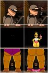 3d_(artwork) 3d_background absurd_res animatronic avian beakless bird border butt chicken clothing comic digital_media_(artwork) dougblaze female five_nights_at_freddy's five_nights_at_freddy's_2 galliform genitals hi_res human machine male mammal mixed_media onomatopoeia panties phasianid robot scottgames security security_guard smile sound_effects text toy_chica_(fnaf) underwear undressing vulva white_border