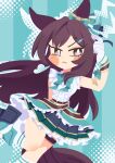  1girl animal_ears aqua_bow aqua_skirt blush bow bowtie breasts brown_hair center_frills closed_mouth commentary_request ear_bow frilled_shirt frills frown gloves green_bow green_bowtie green_skirt hair_ornament highres horse_ears horse_girl horse_tail long_hair looking_at_viewer mejiro_dober_(off_the_line)_(umamusume) mejiro_dober_(umamusume) purple_eyes shinsei_tomato shirt skirt sleeveless sleeveless_shirt solo tail umamusume white_gloves white_shirt 