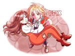  1boy 1girl ammsp722 aqua_ribbon bare_shoulders black_choker blonde_hair bodysuit boots breasts brown_boots brown_hair carrying choker cleavage cobblestone collared_shirt commentary_request copyright_name couple final_fantasy final_fantasy_ix full_body garnet_til_alexandros_xvii gloves grey_boots hand_on_another's_shoulder hetero highres jewelry light_blush light_smile long_hair looking_at_another medium_breasts neck_ribbon orange_bodysuit parted_bangs parted_lips pendant princess_carry red_gloves ribbon shirt short_hair thigh_strap twitter_username white_shirt zidane_tribal 
