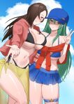  2girls alternate_costume arm_around_another's_back asymmetrical_docking bare_arms bare_shoulders bikini bikini_skirt black_bikini blue_bikini blush breast_press breasts brown_hair collarbone commentary_request commission fire_emblem fire_emblem:_path_of_radiance fire_emblem:_radiant_dawn fire_emblem_fates green_hair gyaru_w hair_over_one_eye hand_on_another's_hip hand_up highres jacket kagero_(fire_emblem) large_breasts long_hair multiple_girls navel nephenee_(fire_emblem) open_clothes open_jacket outdoors oyatsu_0 pink_jacket sarong see-through_clothes see-through_sarong see-through_skirt sideboob skeb_commission skindentation skirt stomach swimsuit thick_thighs thigh_strap thighs tied_jacket underboob v very_long_hair w yellow_sarong 