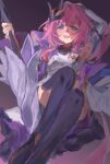  1girl absurdres armpits black_boots blue_eyes boots breasts chinese_commentary commentary_request corset elf elysia_(honkai_impact) elysia_(miss_pink_elf)_(honkai_impact) fuling_(lansu1022) hair_ornament highres holding holding_polearm holding_weapon honkai_(series) honkai_impact_3rd long_hair medium_breasts open_mouth pink_hair pointy_ears polearm smile solo spear thigh_boots very_long_hair weapon white_corset 
