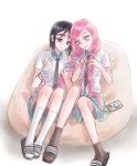  2girls alien_stage aqua_skirt bean_bag_chair black_hair black_necktie black_socks blue_scrunchie bob_cut braid braiding_hair commentary contrast_collar earbuds earphones hair_ornament hairclip hairdressing highres long_hair metalssx mizi_(alien_stage) multiple_girls necktie pink_hair purple_eyes sandals school_uniform scrunchie shirt short_hair sitting skirt slides socks sua_(alien_stage) twin_braids white_shirt white_socks wrist_scrunchie yellow_eyes zombie_stage 