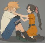  1boy 1girl aerith_gainsborough belt black_belt black_boots black_shirt blonde_hair blue_eyes blue_shorts boots bow bowtie braid braided_ponytail cargo_shorts child cloud_strife commentary_request dress final_fantasy final_fantasy_vii final_fantasy_vii_remake flat_chest full_body green_eyes grey_background hair_between_eyes hair_ribbon hand_on_another's_cheek hand_on_another's_face hetero highres hugging_own_legs kneeling looking_at_another low_ponytail orange_dress parted_bangs pink_ribbon ponytail red_bow red_bowtie ribbon sailor_collar shirt shirt_under_shirt shiyu.jyoukou short_hair short_sleeves shorts sidelocks single_braid sitting spiked_hair twitter_username white_sailor_collar white_shirt 
