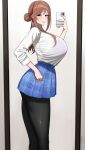  1girl aged_up black_pantyhose blue_eyes blue_skirt breasts brown_hair cellphone commentary_request curvy gakuen_idolmaster hair_between_eyes hair_bun highres himesaki_rinami holding holding_phone huge_breasts idolmaster long_hair looking_at_viewer mirror_selfie nervous_smile pantyhose phone pleated_skirt ponytail selfie senju_(snz0) shirt single_hair_bun skirt sleeves_rolled_up smartphone smile solo thighs white_shirt 