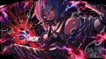  1girl arm_tattoo bandaged_arm bandages bandaid bandaid_on_face bare_shoulders black_choker black_dress black_gloves black_mask black_tank_top chest_sarashi choker colored_inner_hair commentary_request dress gauze_on_arm gloves grey_hair hair_between_eyes hair_ornament highres mahou_shoujo_no_majo_saiban mask multicolored_hair nail_polish nukegaralizard open_mouth red_eyes red_hair red_nails sarashi sharp_teeth shito_alisa short_hair simple_background solo stitched_face stitches tank_top tattoo teeth torn_clothes torn_dress upper_body x_hair_ornament 