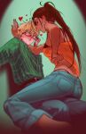  1boy 1girl alien_stage aroused_nosebleed belt black_bra black_nails black_panties blonde_hair blood bra breasts brown_hair collared_shirt commentary dark-skinned_female dark_skin denim glasses green_shirt grey_eyes heart heart_in_eye hetero highres hyuna_(alien_stage) kabedon long_hair long_sleeves lubya luka_(alien_stage) nosebleed official_alternate_costume orange_tube_top panties pants plaid_clothes plaid_shirt ponytail shirt short_hair sitting sitting_on_lap sitting_on_person strapless symbol_in_eye tube_top underwear yellow_eyes 