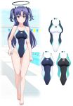  1girl absurdres barefoot black_halo blue_archive blue_eyes blue_one-piece_swimsuit breasts commentary_request competition_swimsuit halo highleg highleg_one-piece_swimsuit highres looking_at_viewer mechanical_halo medium_breasts millennium_science_school_logo one-piece_swimsuit poolside purple_hair solo string_of_flags swimsuit takafumi two-tone_one-piece_swimsuit two_side_up yuuka_(blue_archive) 