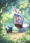  1girl animal_ear_fluff animal_ears black_leotard blue_hair blush bow braid breasts brown_pantyhose carrot carrot_hair_ornament carrot_in_pocket coat_dress commentary crossover dappled_sunlight day don-chan_(usada_pekora) dragon_quest dress extra_ears food-themed_hair_ornament forest full_body fur-trimmed_dress fur_scarf fur_trim grin hair_bow hair_ornament hair_ribbon hand_on_own_chin head_rest helm helmet highres hololive legs_together leotard leotard_under_clothes light_rays long_hair metal_slime momososeji multicolored_hair nature nervous_sweating one_ear_down outdoors pantyhose rabbit_ears rabbit_girl rabbit_tail red_eyes ribbon shoes short_eyebrows sidelocks small_breasts smile spiked_helmet squatting sunlight sweat sweatdrop tail thick_eyebrows tress_ribbon twin_braids two-tone_hair usada_pekora usada_pekora_(1st_costume) virtual_youtuber white_bow white_dress white_hair white_shoes 
