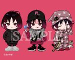  1girl :q black_hair black_hat black_jacket black_pants black_socks blush candy cat_hair_ornament chibi chibi_only closed_eyes commentary_request copyright_name copyright_notice food full_body fusuma_(nohbrk) gradient_hair grey_hoodie grey_shoes gun hair_ornament hairclip hat holding holding_candy holding_food holding_gun holding_lollipop holding_weapon hood hoodie jacket kisaragi_ren_(vspo!) lollipop looking_at_viewer multicolored_hair multiple_views official_art pajamas pants paw_print red_background red_eyes red_hair red_hat red_pajamas red_slippers shoes slippers sneakers socks standing tongue tongue_out track_jacket virtual_youtuber vspo! weapon zipper 