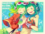  dual_persona goggles goggles_on_head green_eyes green_hair gumi headphones holding_hands jacket megpoid_(vocaloid3) multiple_girls one_eye_closed open_mouth short_hair skirt smile vocaloid waka_charoku wrist_cuffs 