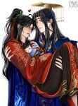  2boys ahoge alternate_costume alternate_hairstyle animal_print artist_name baby bird_print black_hair blue_hanfu blue_headband blush bottomyllz carrying carrying_baby carrying_person chinese_clothes closed_mouth couple dragon_print earrings english_commentary fengguan grandmaster_of_demonic_cultivation grey_eyes guan_hat hair_down hair_ornament hair_ribbon half_updo hanfu hat headband heart highres if_they_mated jewelry lan_wangji long_hair long_sleeves looking_at_another male_focus mian_guan multiple_boys nail_polish ponytail princess_carry realistic red_hanfu red_nails red_ribbon ribbon robe science_babies sidelocks simple_background smile wei_wuxian white_background wide_sleeves yaoi yellow_eyes yellow_hat 