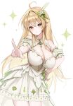  absurdres ahoge arm_garter blonde_elf_(prab1901) blonde_hair bow breasts brooch center_opening closed_mouth commentary commission dot_nose dress elf feet_out_of_frame fingernails flower frilled_skirt frills gem gold_trim green_bow green_eyes green_gem green_ribbon hair_flower hair_ornament hair_ribbon hand_on_own_hip heart highres jewelry long_fingernails long_hair looking_at_viewer nez_(nez_0_0) original pointing pointing_at_viewer pointy_ears pout ribbon skirt standing star_(symbol) sweatdrop white_arm_garter white_background white_dress white_lily 