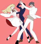  1girl 2girls blonde_hair blunt_bangs capelet commentary dancing dress gigi_andalusia gundam gundam:_hathaway's_flash hathaway_noa highres kenneth_sleg long_sleeves multiple_girls red_background rokukkoken shirt untranslatable_commentary white_capelet white_dress white_shirt 