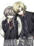  1boy 1girl 1poppy :/ ahoge angel angel_wings black_jacket blazer blonde_hair blue_eyes braid brown_hair buttons character_request cigarette closed_mouth collared_shirt commission copyright_request cowboy_shot curtained_hair dress_shirt earrings empty_eyes feathered_wings film_grain frown grey_eyes grey_pants grey_shirt grey_skirt hair_over_one_eye hair_over_shoulder halo hand_in_pocket head_tilt highres holding holding_cigarette hoop_earrings jacket jewelry lapels leaning_to_the_side long_hair long_skirt long_sleeves looking_at_viewer loose_hair_strand low_twin_braids medium_hair multiple_earrings necktie notched_lapels one_side_up open_clothes open_collar open_jacket pants parted_bangs plaid_clothes plaid_pants plaid_skirt pocket red_necktie school_uniform shirt side_part simple_background skirt standing sweater_vest tareme traditional_halo twin_braids untucked_shirt white_background white_halo white_sweater_vest white_wings wing_collar wings 