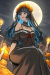  1girl aztec bare_shoulders black_dress black_hair blue_hair blush breasts calavera choker cleavage collarbone colored_inner_hair commentary dia_de_muertos dress english_commentary eyeliner fate/grand_order fate_(series) flower full_moon grey_eyes hair_flower hair_ornament highres jewelry long_hair looking_at_viewer makeup medium_breasts mexico moon multicolored_hair neck_ring night off-shoulder_dress off_shoulder outdoors ribbon sidelocks sitting skull sky smile solo tenochtitlan_(fate) thighs zantyarz 