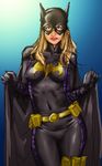  alternate_eye_color batgirl belt blue_background breasts brown_hair cape covered_navel dc_comics gloves lips looking_at_viewer mask parted_lips red_eyes sketch solo stephanie_brown take_(draghignazzo) thigh_pouch 