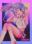  1girl absurdres blue_choker blue_eyes blush boots breasts choker commentary_request crop_top hair_ornament hairclip headphones high_heel_boots high_heels highres knee_boots looking_at_viewer menma_(enaic31) open_mouth original pink_shorts purple_hair short_hair shorts small_breasts smile solo white_boots 