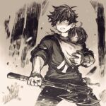  1boy 1girl ahoge axe babywearing blurry blurry_background carrying carrying_person child closed_eyes collarbone commentary_request cowboy_shot depth_of_field full_body hair_between_eyes highres holding holding_axe jun_(navigavi) looking_to_the_side monochrome original pants parted_lips shirt shoes short_hair sleeves_rolled_up under_covers very_short_hair 