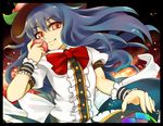  :3 apple blue_hair bow food frills fruit hat hinanawi_tenshi leaf long_hair peach red_eyes sanagi_(diohazard) short_sleeves smile solo touhou wrist_cuffs 