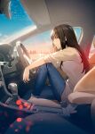  1girl absurdres arched_back arm_on_knee black_hair blue_eyes blue_sky breasts car_interior car_seat character_request cloud commentary_request cover cover_page denim finger_to_mouth from_side gear_shift highres jeans knee_up long_hair looking_ahead medium_breasts novel_cover novel_illustration nyum official_art pants profile rear-view_mirror right-hand_drive shirt sitting sky skyline sleeves_pushed_up solo steering_wheel sunset takaga_itoko_to_no_koi textless_cover_page white_shirt 