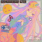  1girl 670uu blush_stickers bow bowtie closed_mouth cursor dutch_angle emoji english_text hata_no_kokoro long_hair long_sleeves looking_at_viewer mask mask_on_head musical_note orange_skirt own_hands_clasped own_hands_together pink_hair purple_bow purple_bowtie skirt skirt_cutout smile solo touhou very_long_hair wide_sleeves 