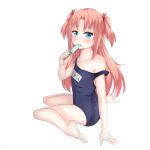  1boy absurdres arikawa_hime arm_support barefoot blue_eyes blush collarbone commentary_request crossdressing crossdressing_(mtf) curtained_hair feet food food_in_mouth from_side full_body hair_ribbon hand_up highres himegoto holding holding_food holding_popsicle invisible_floor kuwahara_yuuki long_hair looking_at_viewer looking_back male_focus name_tag parted_bangs pink_hair popsicle popsicle_in_mouth red_ribbon ribbon sainohikari school_swimsuit sidelocks single_bare_shoulder sitting solo strap_slip swimsuit trap two_side_up wariza 