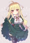  1girl absurdres ahoge alicetia_wallenberg_kezouji black_thighhighs blonde_hair blush breasts buttons center_frills closed_mouth clothes_lift collared_shirt commentary_request cowboy_shot cropped_jacket cross_ornament double-breasted eyes_visible_through_hair frilled_shirt frilled_skirt frills furrowed_brow gattengou green_jacket green_skirt grey_background hair_between_eyes hair_ribbon hand_up high-waist_skirt highres holding_own_skirt jacket juliet_sleeves large_breasts lifting_own_clothes long_hair long_sleeves looking_at_viewer medium_skirt neck_ribbon open_clothes open_jacket primal_hearts primal_hearts_2 puffy_sleeves red_eyes red_ribbon ribbon school_uniform shirt sidelocks simple_background skirt skirt_lift smile solo split_mouth thighhighs upskirt very_long_hair wavy_hair white_ribbon white_shirt 
