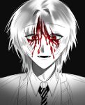  1boy black_background blood blood_from_forehead cardigan commentary_request dress_shirt grin korean_commentary looking_at_viewer male_focus necktie portrait red_eyes saihate_eki shirt smile solo spot_color straight-on tatsunami_shion tezinsky 