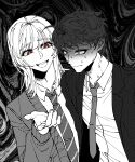  2boys akinashi_haru collared_shirt commentary_request dress_shirt ggppa hand_up happy highres korean_commentary lapels male_focus medium_hair multiple_boys necktie saihate_eki sanpaku scared shirt short_hair spot_color suit sweat swirl tatsunami_shion upper_body 