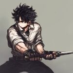  1boy belt belt_buckle black_belt black_eyes black_gloves black_hair black_pants black_shirt blurry blurry_edges brown_belt buckle chain chain_necklace closed_eyes collarbone collared_shirt commentary_request cowboy_shot fighting_stance fingerless_gloves from_side gloves grey_background highres holding holding_sword holding_weapon jewelry jun_(navigavi) looking_to_the_side male_focus multiple_scars necklace nose original pants scar scar_on_arm shirt shirt_under_shirt short_hair sleeves_rolled_up solo sword toned toned_male weapon white_shirt 