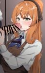  1boy 1girl absurdres after_fellatio apron bar_censor blue_neckerchief bow brown_apron brown_bow brown_hair censored collared_shirt commentary cum cum_in_mouth cum_on_body cum_on_hair cumdrip_from_penis diagonal-striped_clothes diagonal-striped_neckerchief double-parted_bangs dress_shirt facial girls'_frontline girls'_frontline_2:_exilium grabbing_another's_penis green_eyes hair_bow high_ponytail highres long_hair long_sleeves neckerchief penis ponytail scourer_14 shirt springfield_(cafe)_(girls'_frontline) springfield_(girls'_frontline) springfield_(girls'_frontline_2) striped_clothes striped_neckerchief tongue tongue_out upper_body white_shirt 