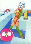  1980s_(style) 1984_(year) 1girl angry aran_rei bad_perspective blonde_hair breasts brown_eyes cleavage cube dated highres holding_cube lemon_people leotard long_sleeves medium_breasts multicolored_leotard non-web_source open_mouth retro_artstyle short_hair signature solo traditional_media two-tone_leotard 