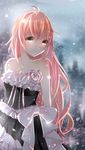  bare_shoulders dress frills green_eyes highres long_hair megurine_luka pink_hair shiyu_(sweet_dream) smile snow solo vocaloid 